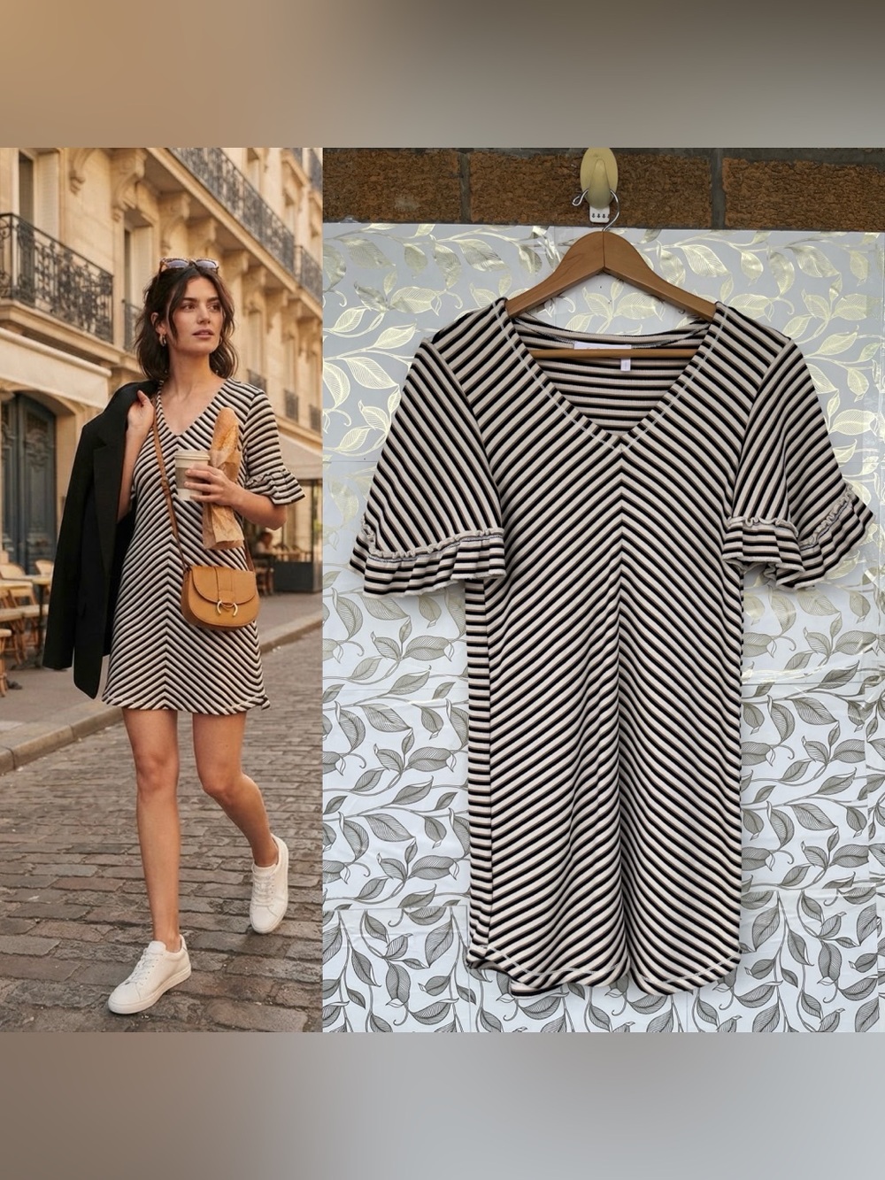 See By Chloé V-Neck Striped Cotton Mini Dress XS French Chic T-Shirt Dress